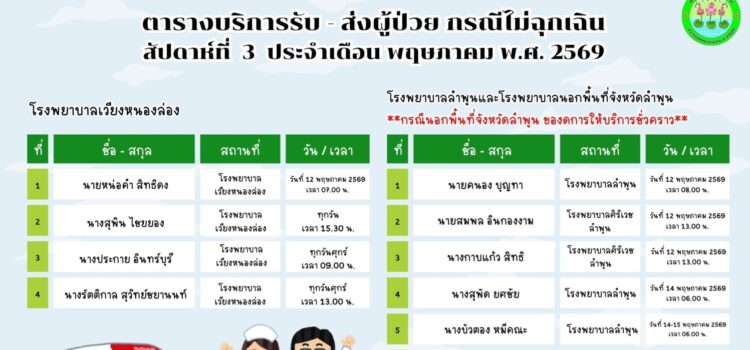 เทศบาลตำบลหนองยวง ประชาสัมพันธ์ ตารางบริการรับ – ส่ง ผู้ป่วย กรณีไม่ฉุกเฉิน สัปดาห์ที่ 3 ประจำเดือน พฤษภาคม พ.ศ. 2569
