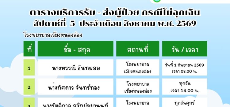 เทศบาลตำบลหนองยวง ประชาสัมพันธ์ ตารางบริการรับ – ส่ง ผู้ป่วย กรณีไม่ฉุกเฉิน สัปดาห์ที่ 5 ประจำเดือน สิงหาคม พ.ศ. 2569